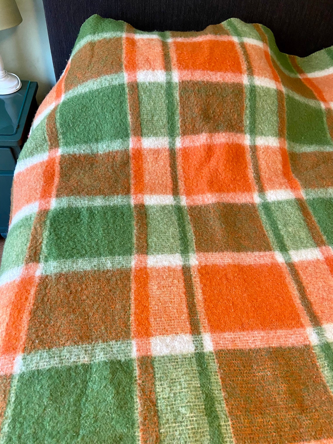 Vintage 100 Wool Blanket Single Bed in Orange and Green Etsy