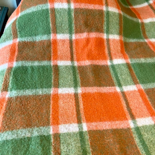 Vintage 100% wool blanket single shops bed in orange and green striped checkered