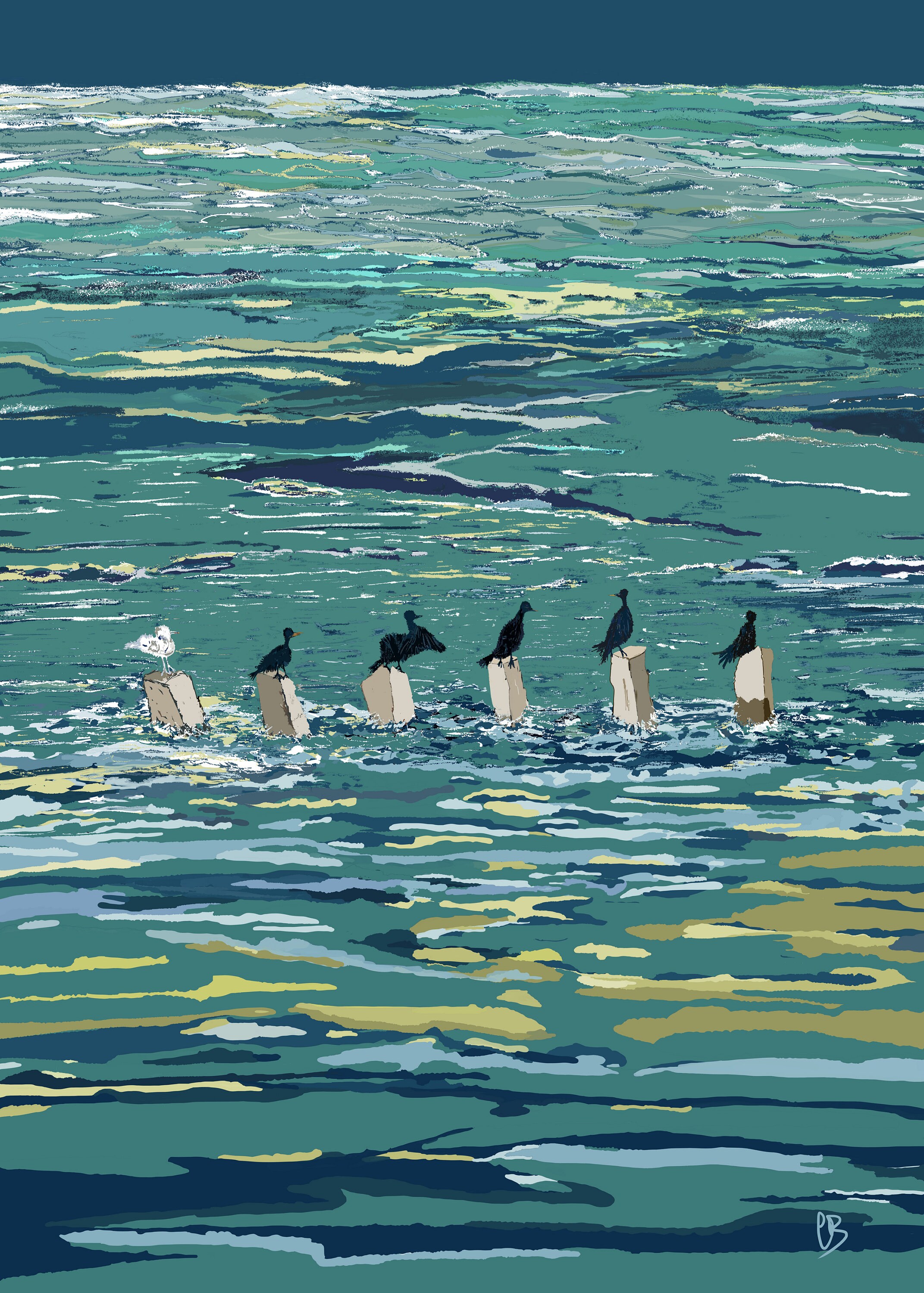 Affiche Noirmoutier - Les Cormorans - Littoral Atlantique - Oiseaux - Mer - Atlantique