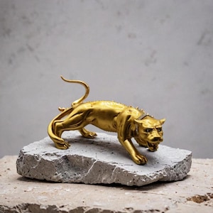 Peut inclure: Une figurine dorée d'une panthère en position de chasse, avec un collier et des détails de la colonne vertébrale ornés de diamants. La sculpture est montée sur une base en pierre grise rugueuse, sur fond neutre. Les traits de la panthère sont détaillés et féroces.