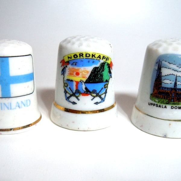 3 Porzellan Fingerhüte Thimbles - Finnland Nordkapp und Uppsala wohl 80er Jahre