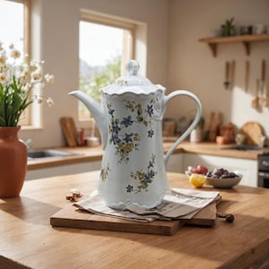 May include: A white porcelain coffee pot with a floral pattern of blue and yellow flowers. The pot has a curved spout, a handle, and a lid. It rests on a wooden chopping board with a napkin, on a wooden table.