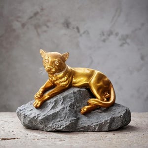 Peut inclure: Une sculpture dorée d'un couguar reposant sur une pierre grise. Le couguar est orné d'un collier et de moustaches. Un objet décoratif pour la décoration intérieure.