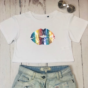 Womens/ Girls Crop T shirt - White or Black Crop Top - Lips top - Various Colours Crop Tee