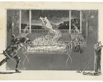 Peut inclure: Une illustration en noir et blanc représentant une scène de pièce de théâtre ou d'histoire. Un personnage en robe longue est brûlé sur un bûcher, tandis qu'un autre personnage en robe longue se tient à proximité. Un troisième personnage en robe longue se tient sur un balcon au-dessus de la scène.