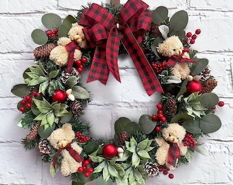 Exquisite Plaid Bow and Bears 20&quot; Christmas Wreath, Holiday Door Decoration