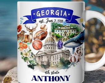 Artistic Georgia State Themes and Landmarks Personalized Mug With Custom Name