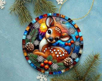 RENN様☆専用出品　オーナメント 雪に覆われた夕日の中の魅力的な子鹿のオーナメント、クリスマスの装飾