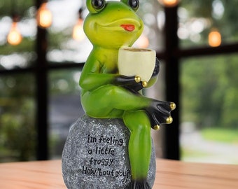 Coffee Drinking Frog Garden Statue with Funny Quote