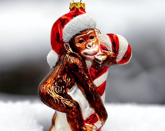 Cute Monkey with Candy Cane Glass Christmas Ornament, Adorable Chimp Holiday Tree Decor