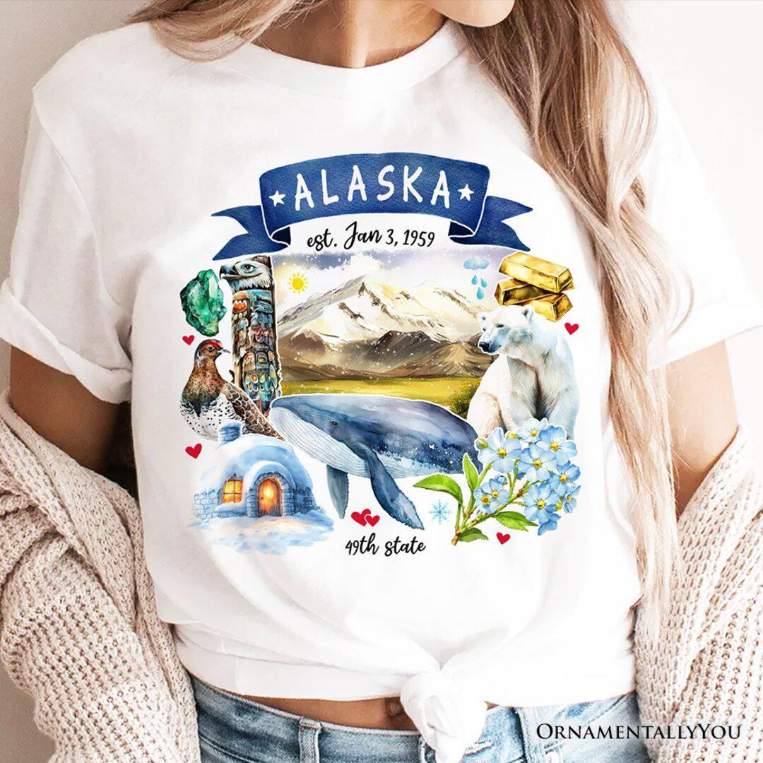 Artistic Alaska State Themes and Landmarks T-shirt, Tee for