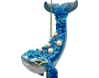 Dazzling Blue Whale Glass Ornament, Glitter and Rhinestones Christmas Decor