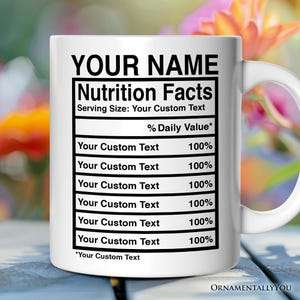 Puede incluir: Taza de cerámica blanca con una etiqueta de información nutricional en blanco y negro. La etiqueta dice "YOUR NAME" en la parte superior y tiene el texto "Nutrition Facts" con un tamaño de porción de "Your Custom Text". La etiqueta tiene una lista de "Your Custom Text" con un valor del 100% para cada elemento.