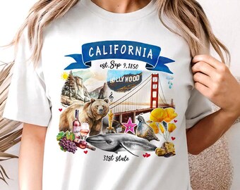 Artistic California State Themes and Landmarks T-Shirt, Tee for History and Travel Lovers