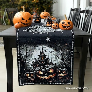 Haunted Horrors 72" Table Runner, Jacquard Halloween Home Black Tablecloth Decoration with Pumpkins and Spiderwebs