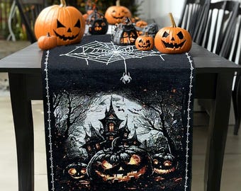 Haunted Horrors 72" Table Runner, Jacquard Halloween Home Black Tablecloth Decoration with Pumpkins and Spiderwebs