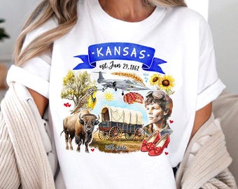Artistic Kansas State Themes and Landmarks T-Shirt, Tee for History and Travel Lovers