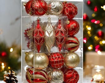 Red and Gold Glitter Luxury Shatterproof Christmas Ornament Bauble Set