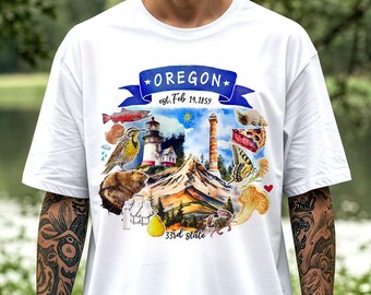 Artistic Oregon State Themes and Landmarks T-Shirt, Tee for History and Travel Lovers