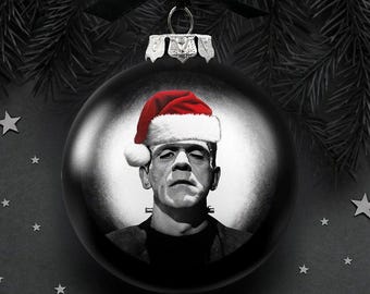 Frankenstein Christmas Spooky Portrait Glass Ornament, Black Horror Halloween Tree Decoration