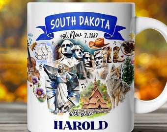 Artistic South Dakota State Themes and Landmarks Personalized Mug With Custom Name
