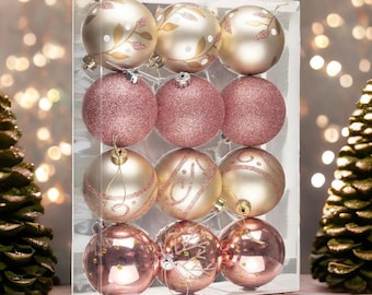 Glamorous and Cute Shiny Pink and Rose Gold Christmas Ornament Set, Glittered and Girly Feminine Holiday Baubles