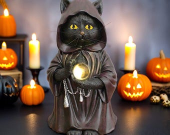 不吉な黒猫の魔法使いの置物、7インチのソーラーライト付きゴシックヤードの彫像装飾