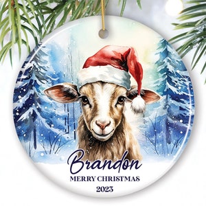 Ziege mit Nikolausmütze Personalisierte Ornament, Winter Wald Weihnachtsgeschenk mit Name und Datum