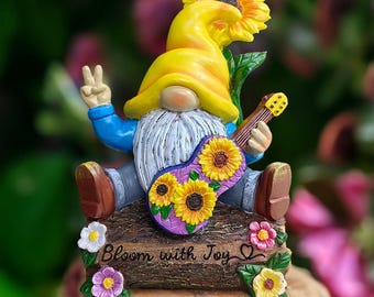 Bloom with Joy Sunflower Gnome 10&quot; Garden Statue Figurine with Guitar, Spring and Summer Home Decoration