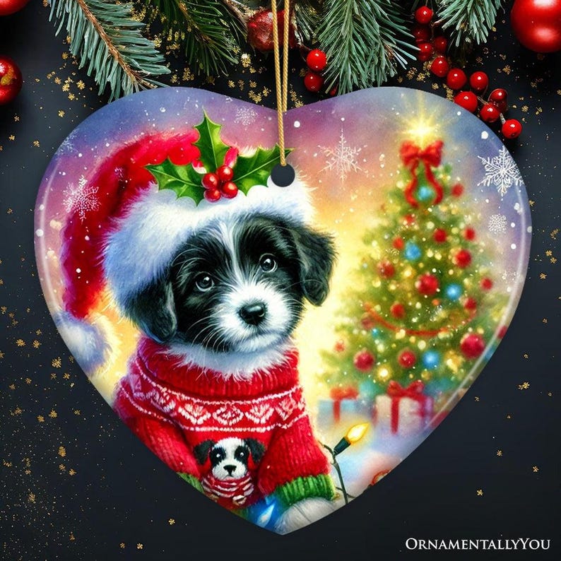 Playful Border Collie With Santa Hat Ornament, Festive Canine Christmas ...