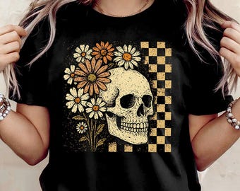 Checkered Floral Skeleton T-Shirt, Vintage Skull Daisy Halloween Tee