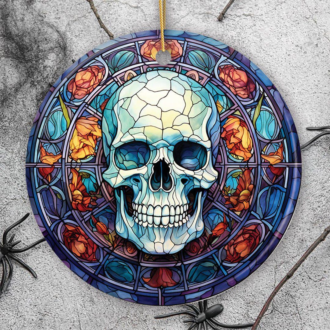 Ghastly Grin Spooky Halloween Skull Stained Glass Style Ceramic