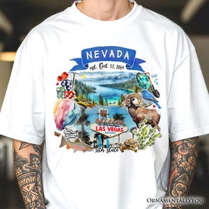 T-shirt met artistieke thema's en monumenten in de staat Nevada, T-shirt voor geschiedenis- en reisliefhebbers