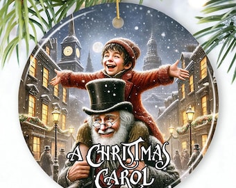 Scrooge und Tiny Tim Ornament, ein viktorianisches Weihnachtsgeschenk und Baumdekor