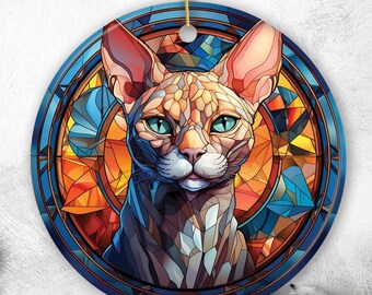 Mystical Feline Bewitching Cat Stained Glass Style Ceramic Ornament, Halloween Themed Christmas Gift and Decor