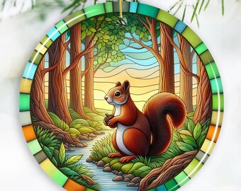 Squirrel in the Forest Stained Glass Style Ceramic Ornament, Wildlife Animals Christmas Gift and Decor