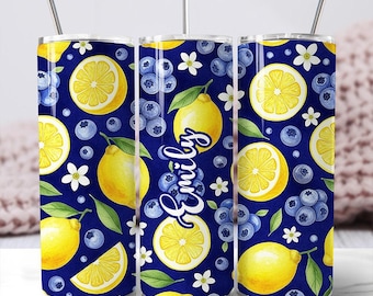 Frische Zitrone und Blaubeermuster 20 Unzen personalisierter Becher mit Deckel und Edelstahlstroh, Sommer-Zitrusfrucht-Geschenkschale