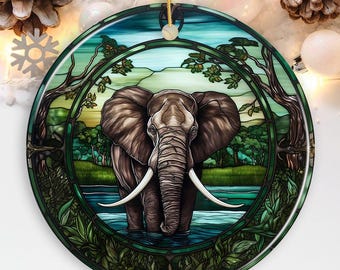 African Pachyderm Elephant Stained Glass Style Ceramic Ornament, Safari Animals Christmas Gift and Decor