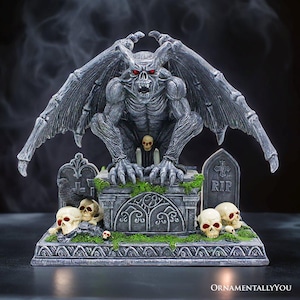 Grave Guardian Gargoyle Figurine, 7&quot; Solar Powered Gothic Halloween Garden Statue