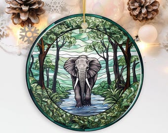 Elephant Elegance Stained Glass Style Ceramic Ornament, African Animals Christmas Gift and Decor