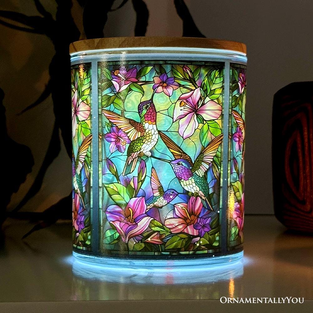 Hummingbird Faux Stained Glass LED Tea Light Candle, Delicate