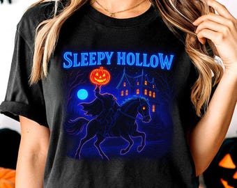 Sleepy Hollow huvudlös ryttare t-shirt, neon retro Halloween-t-shirt för läskiga säsonger