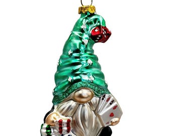 Casino Poker Gnome Glass Ornament, Cute Christmas Gambler