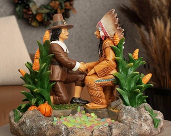 Harvest Harmony Kinship Between Native Americans and Pilgrims Figurine, 6&quot; Fall Decor and Thanksgiving Statue