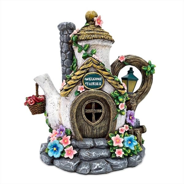 Estatua de jardín con forma de casita de té de hadas solar, 8 figuras de casas de setas iluminadas para decoración de exteriores