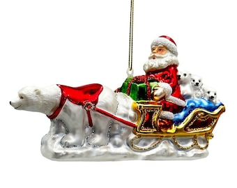 Polar Bear Santa Sleigh Glass Christmas Ornament, Exquisite Handblown Tree Decor