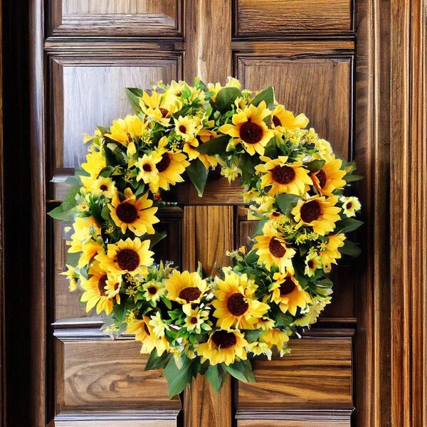 Charming Sunflower Wreath, 17 Inches Spring Front Door Decoration