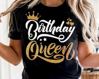 Birthday Queen T-Shirt, Black Glam Party Tee for Stylish Women