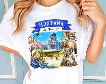Artistic Montana State Themes and Landmarks T-Shirt, Tee for History and Travel Lovers