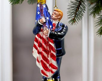 Donald Trump Kissing the American Flag Glass Christmas Ornament, United States President